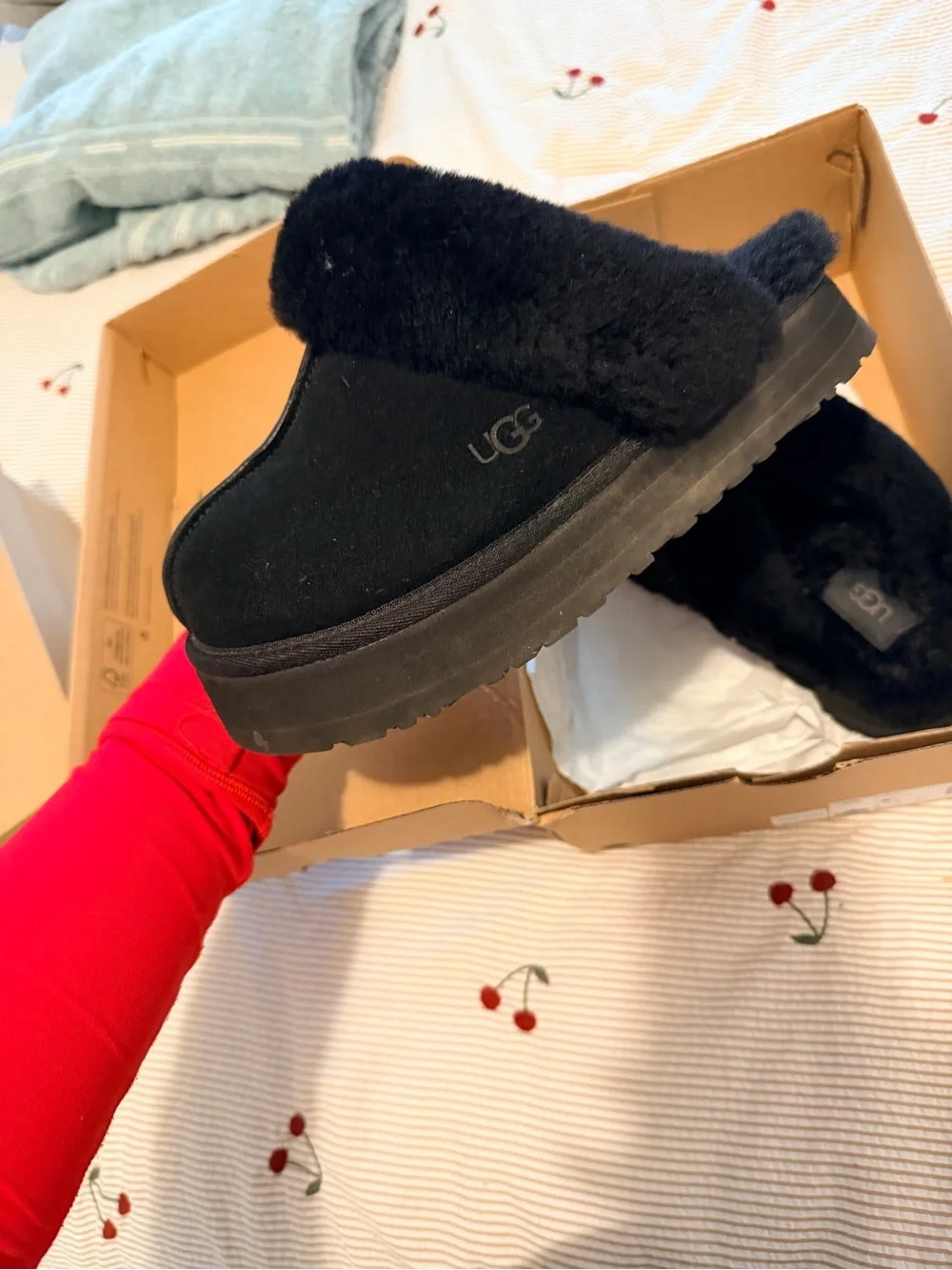 UGG Black Suede Platform Shearling Slippers